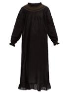 Matchesfashion.com Loretta Caponi - Smocked Swiss Dot Cotton Poplin Dress - Womens - Black