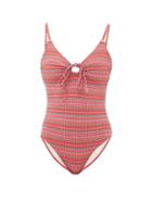 Matchesfashion.com Belize - Yara Tie-front Striped-seersucker Swimsuit - Womens - Red Stripe