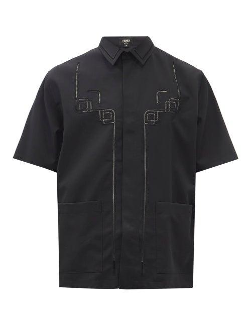 Mens Rtw Fendi - Ladder-lace Wool Short-sleeved Shirt - Mens - Black