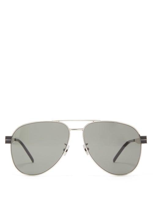 Matchesfashion.com Saint Laurent - Monogram Embossed Aviator Metal Sunglasses - Mens - Silver