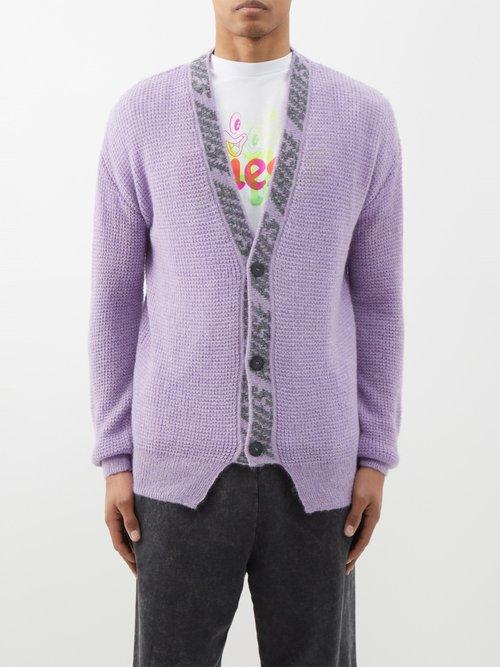 Aries - Logo-jacquard Waffle-knit Cardigan - Mens - Lilac