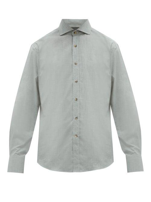 Matchesfashion.com Brunello Cucinelli - Cutaway Collar Cotton Chambray Shirt - Mens - Grey