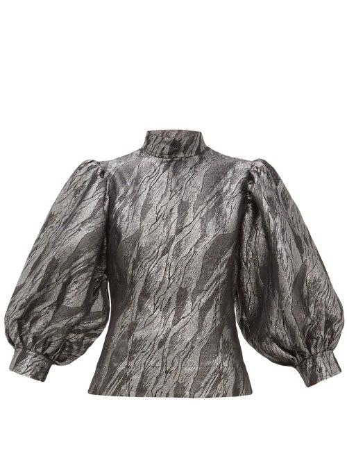 Matchesfashion.com Ganni - Balloon-sleeved Jacquard Top - Womens - Silver