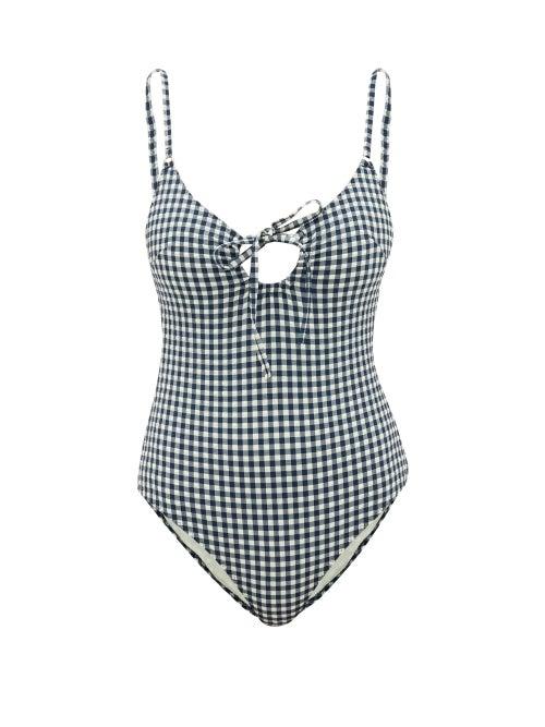 Matchesfashion.com Belize - Yara Tie-front Gingham-seersucker Swimsuit - Womens - Navy White