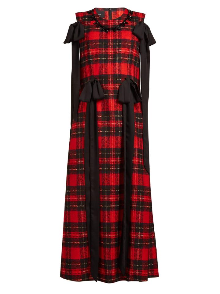 Simone Rocha Beaded And Bow-trim Tartan Georgette Dress