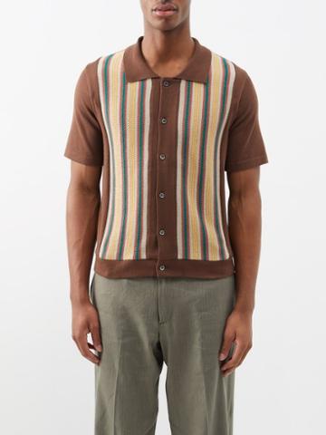 Sasquatchfabrix. - Striped Button-front Cotton Polo Shirt - Mens - Brown Beige