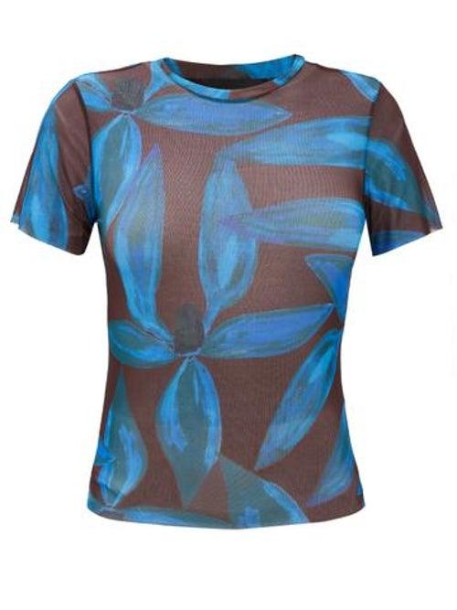 Louisa Ballou - Orchid-print Cropped Mesh T-shirt - Womens - Blue Multi