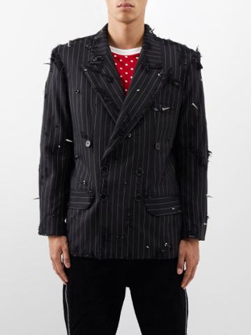 Liberal Youth Ministry - Studded Pinstriped Distressed-wool Jacket - Mens - Black