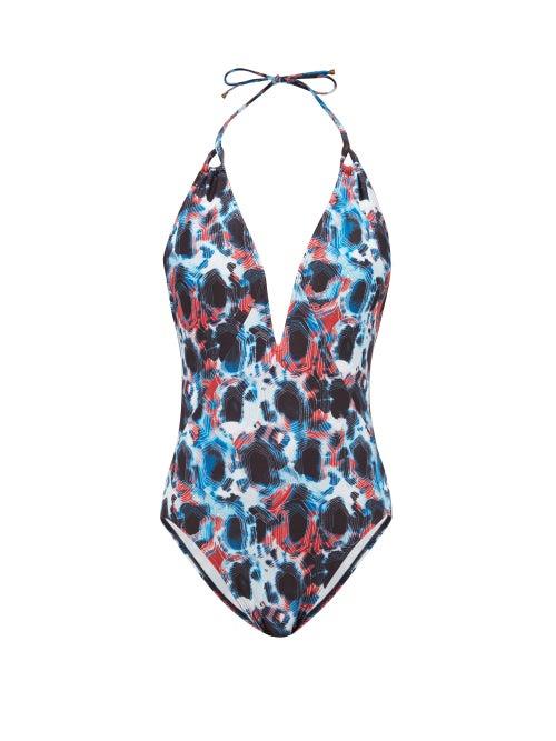 Matchesfashion.com Thorsun - Natalie Tie Dye Halterneck Swimsuit - Womens - Blue Multi
