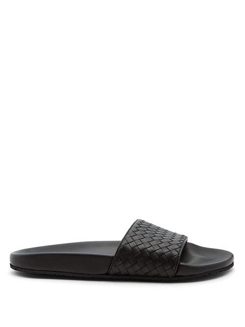 Matchesfashion.com Bottega Veneta - Intrecciato Leather Slides - Mens - Black