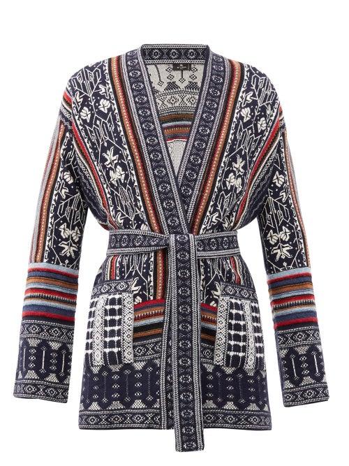 Matchesfashion.com Etro - Ischia Belted Wool-blend Jacquard Cardigan - Womens - Navy Multi
