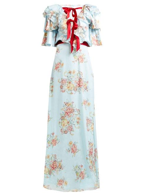 Matchesfashion.com Rodarte - Ruffled Floral Print Silk Satin Gown - Womens - Blue Multi