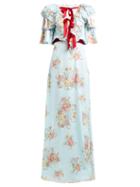 Matchesfashion.com Rodarte - Ruffled Floral Print Silk Satin Gown - Womens - Blue Multi