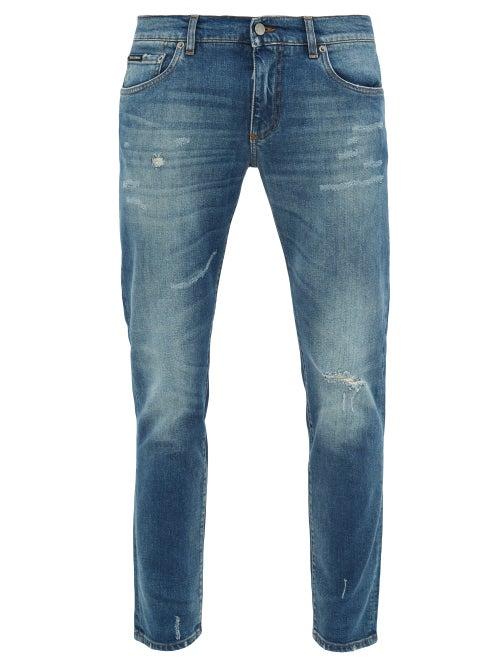 Matchesfashion.com Dolce & Gabbana - Logo-embroidered Distressed Slim-leg Jeans - Mens - Blue