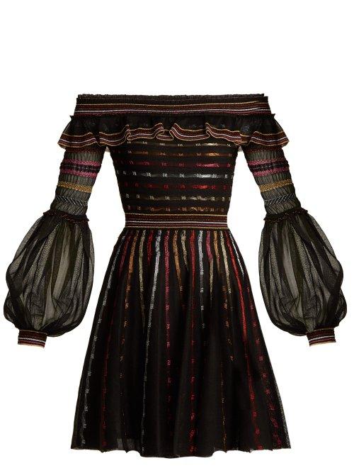 Matchesfashion.com Alexander Mcqueen - Off The Shoulder Silk Blend Dress - Womens - Black Multi