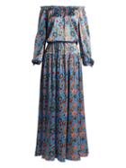Matchesfashion.com Adriana Iglesias - Creek Floral Print Stretch Silk Dress - Womens - Blue Print