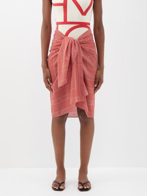 Toteme - Monogram-print Cotton-blend Voile Sarong - Womens - Red Multi