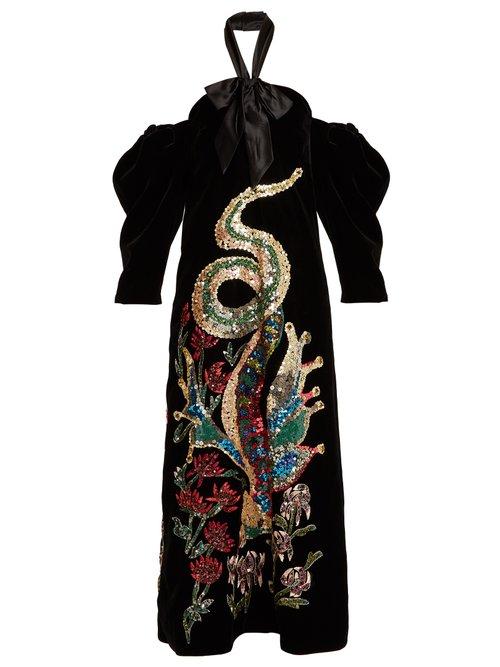 Matchesfashion.com Gucci - Embellished Off The Shoulder Velvet Gown - Womens - Black Multi