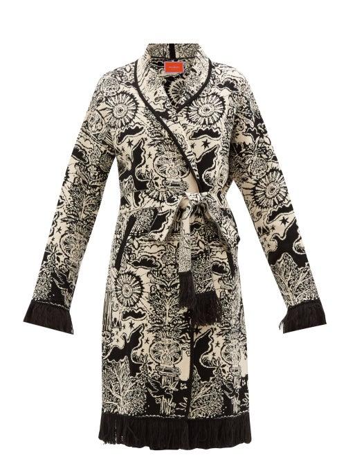 La Doublej - Ionic Fringed Jacquard Cotton-blend Cardigan - Womens - Black Multi