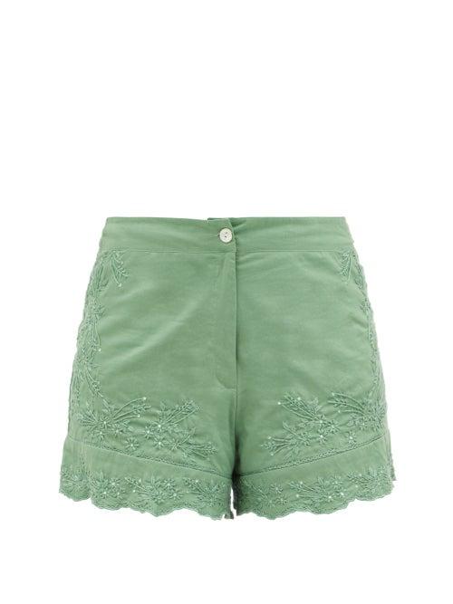 Ladies Beachwear Juliet Dunn - Floral-embroidered High-rise Cotton Shorts - Womens - Khaki