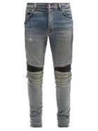 Matchesfashion.com Amiri - Mx2 Leather-panelled Distressed Slim-leg Jeans - Mens - Blue