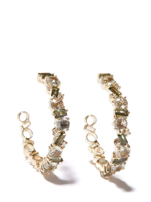 Suzanne Kalan - Diamond, Topaz & 14kt Gold Hoop Earrings - Womens - Green Gold