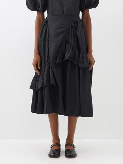 Cecilie Bahnsen - Damara Ruffle-hem Cotton-poplin Midi Skirt - Womens - Black