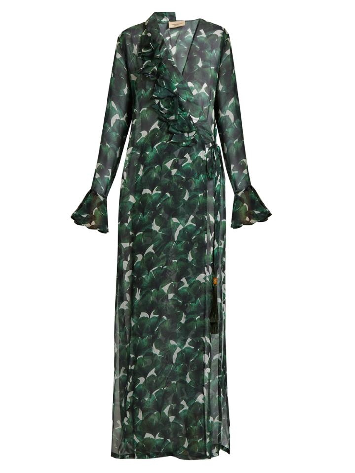 Adriana Degreas Ginkgo-print Deep V-neck Silk Maxi Dress