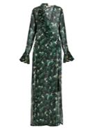 Adriana Degreas Ginkgo-print Deep V-neck Silk Maxi Dress