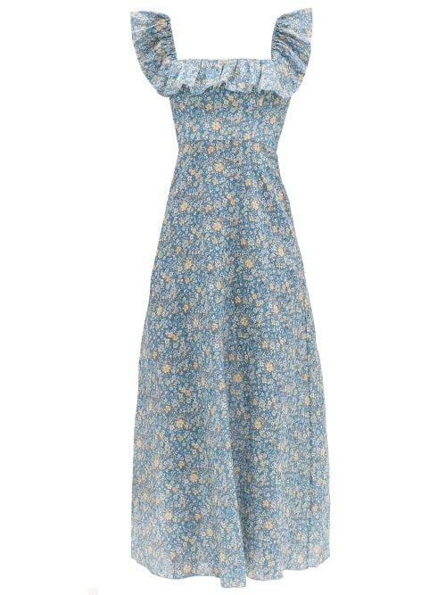 Matchesfashion.com Zimmermann - Carnaby Ruffle-neck Floral-print Linen Midi Dress - Womens - Blue Print