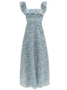 Matchesfashion.com Zimmermann - Carnaby Ruffle-neck Floral-print Linen Midi Dress - Womens - Blue Print