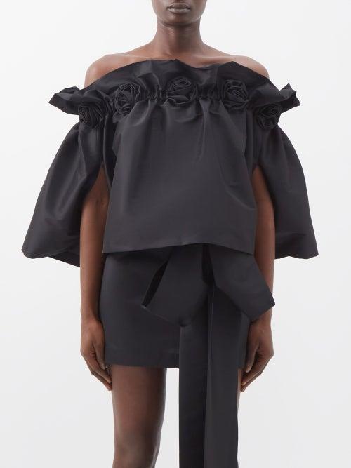 Bernadette - Tilly Rose-appliqu Off-the-shoulder Taffeta Top - Womens - Black