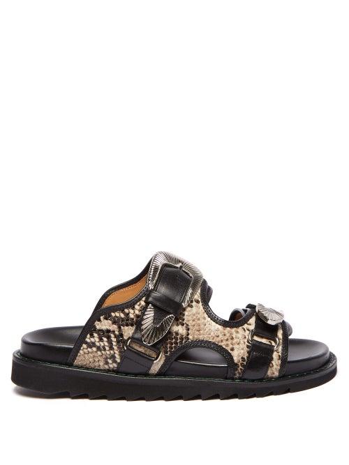 Matchesfashion.com Toga - Double Strap Python Effect Leather Slides - Womens - Navy Multi