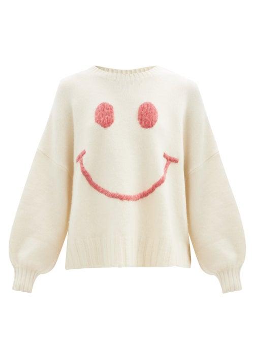 Matchesfashion.com Joostricot - Smiling Face-embroidered Merino Wool-blend Sweater - Womens - Ivory