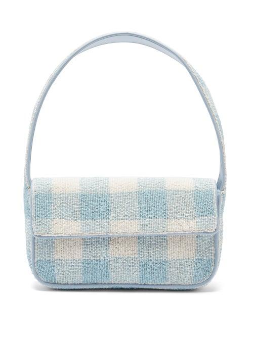 Matchesfashion.com Staud - Tommy Gingham Beaded Leather Shoulder Bag - Womens - Blue Multi