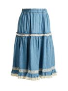 Matchesfashion.com Gucci - Lace Trimmed Chambray Skirt - Womens - Light Blue