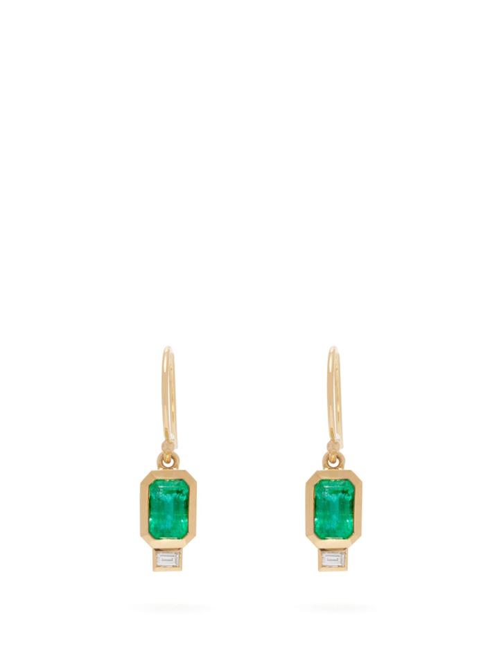 Azlee 18kt Gold, Diamond And Emerald Drop Earrings
