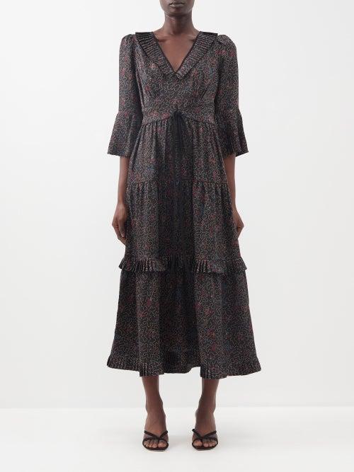 Cefinn - The Cordelia Printed Silk-twill Midi Dress - Womens - Black Red