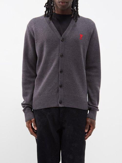 Ami - Ami De Caur-logo Wool Cardigan - Mens - Grey