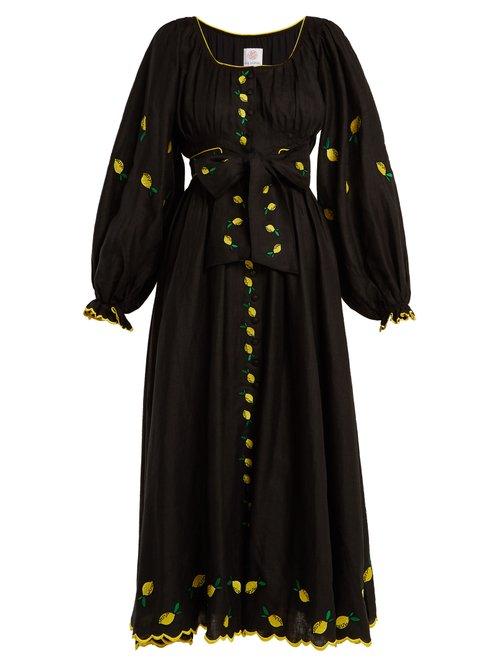 Matchesfashion.com Gl Hrgel - Lemon Embroidered Puff Sleeved Linen Dress - Womens - Black Yellow