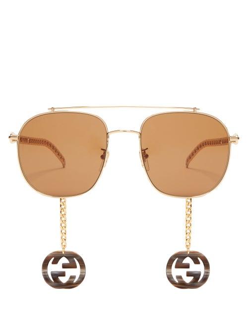 Matchesfashion.com Gucci - Logo-charm Aviator Metal Sunglasses - Womens - Brown Gold