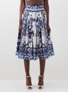 Dolce & Gabbana - Pleated Majolica-print Cotton Midi Skirt - Womens - Blue White