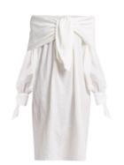 Matchesfashion.com Merlette - Off The Shoulder Tumbled Cotton Blend Midi Dress - Womens - White
