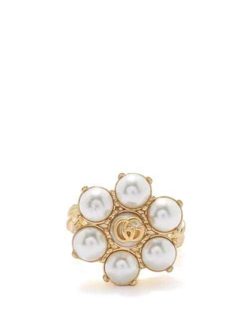 Gucci - Gg-logo Faux-pearl Chain Ring - Womens - Pearl