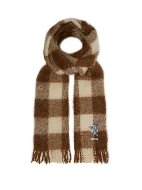 Matchesfashion.com Gucci - Bunny Embroidered Checked Alpaca Blend Scarf - Mens - Beige