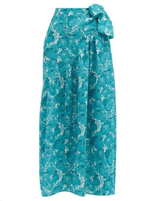 Matchesfashion.com Adriana Degreas - Floral-print Silk-crepe Wrap Skirt - Womens - Blue Print