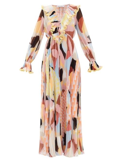 Matchesfashion.com Self-portrait - Ruffled Geo-print Pliss-georgette Maxi Dress - Womens - Multi