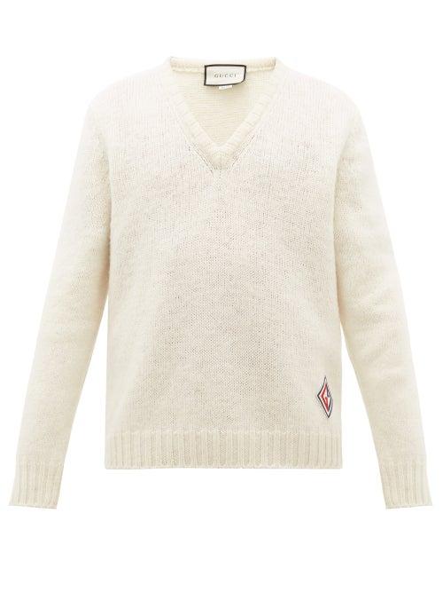 Matchesfashion.com Gucci - V Neck Gg Logo Patch Wool Sweater - Mens - White