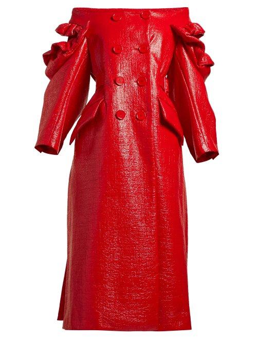 Matchesfashion.com Simone Rocha - Off The Shoulder Patent Double Breasted Coat - Womens - Red