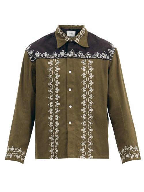 Matchesfashion.com Bode - Fellows Embroidered Cotton Jacket - Mens - Black Green